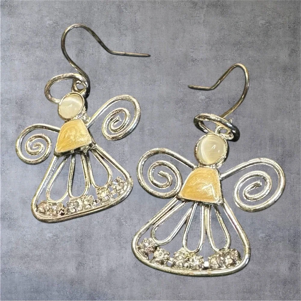 Angel Drop Earrings‎ Womens Silver Tone Yellow Enamle Clear Rhinestone Dangle